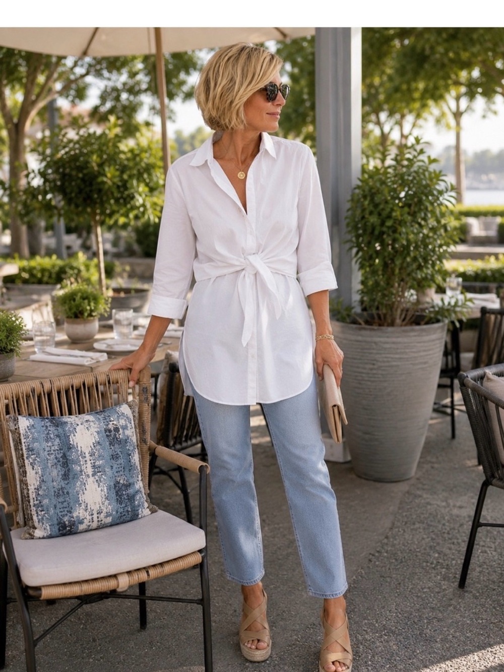 CALVIN KLEIN Tie Front White Button-Up Shirt, Size M